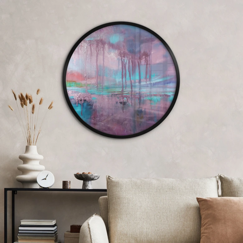 Poster Violette regen over blauwe nevel - Schmucker - Rond 
