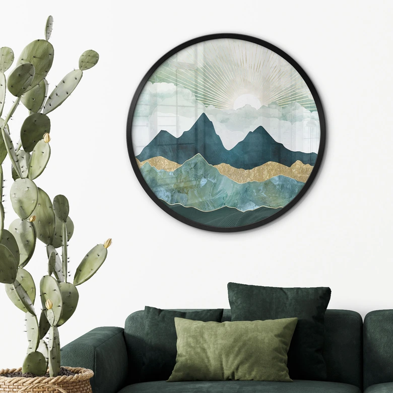 Poster Sonnige Landschaft in Blau und Gold - SpaceFrog Designs - Rund 