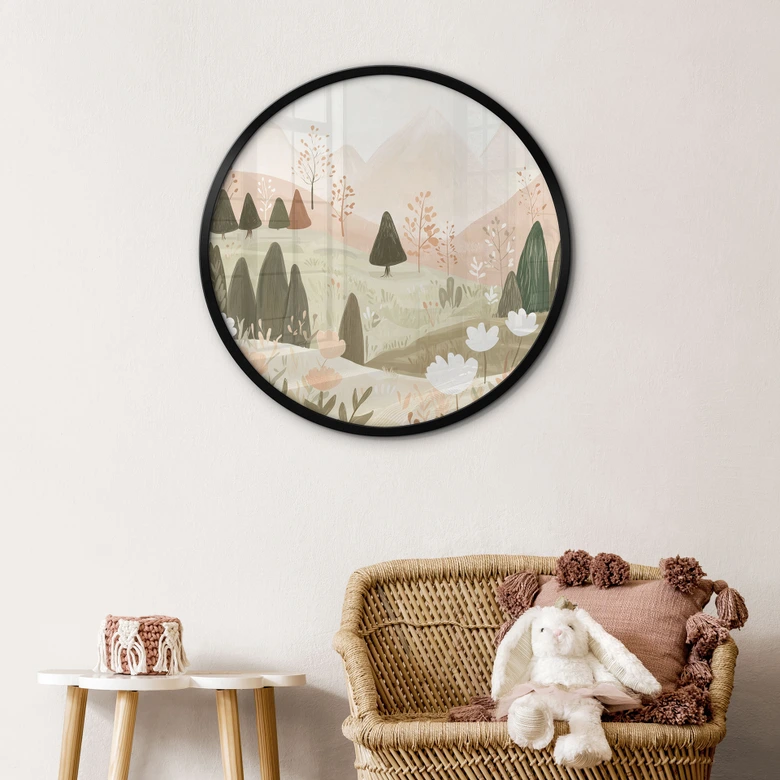 Plakat pastelfarvet bjerglandskab med blomster - Treechild - Round 