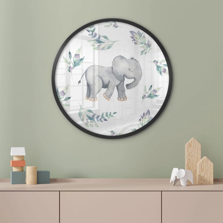 Poster Niedlicher Babyelefant zwischen Boho-Zweigen - UN Designs - Rund 