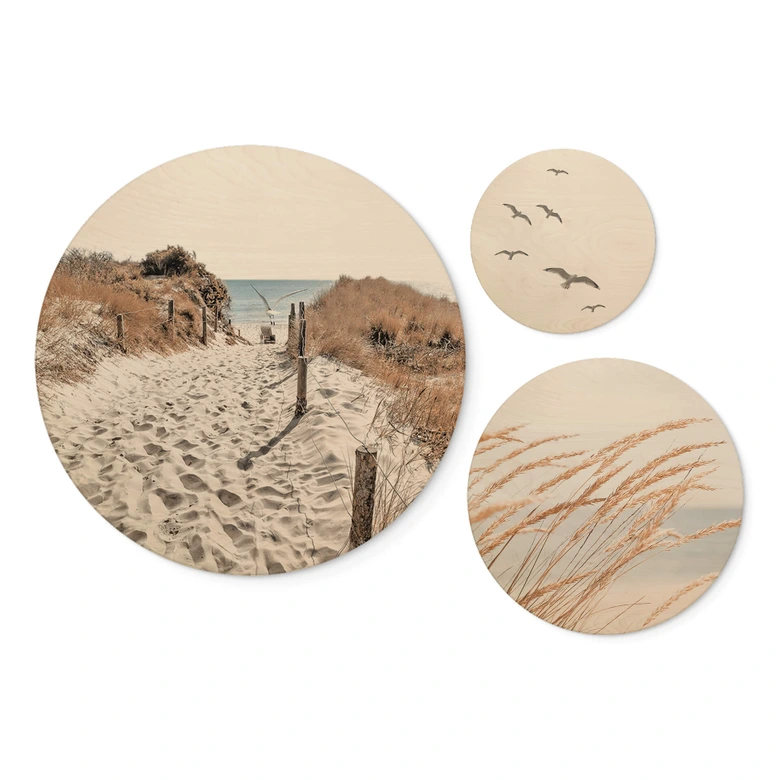Holzbild Stranddünen am Meer Set (3-teilig) - Rund 