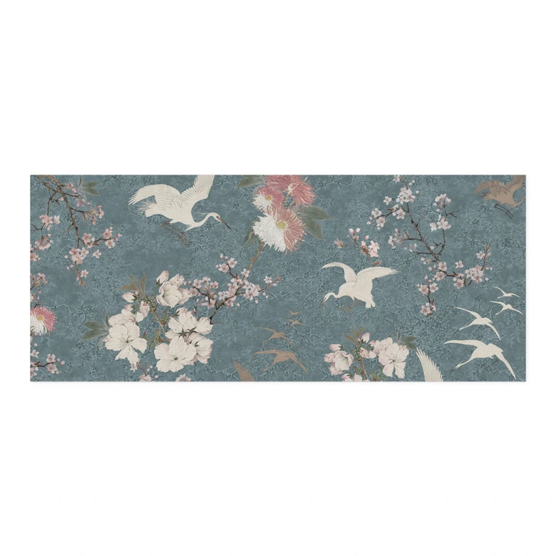 Self-adhesive kitchen splashback Cranes in Cherry Blossom Rush Blue - Bloomery Decor 