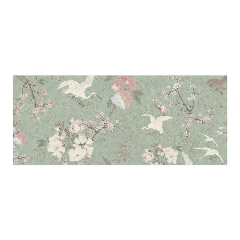 Salpicadero de cocina autoadhesivo Grullas en flor de cerezo verde frenesí - Bloomery Decor 