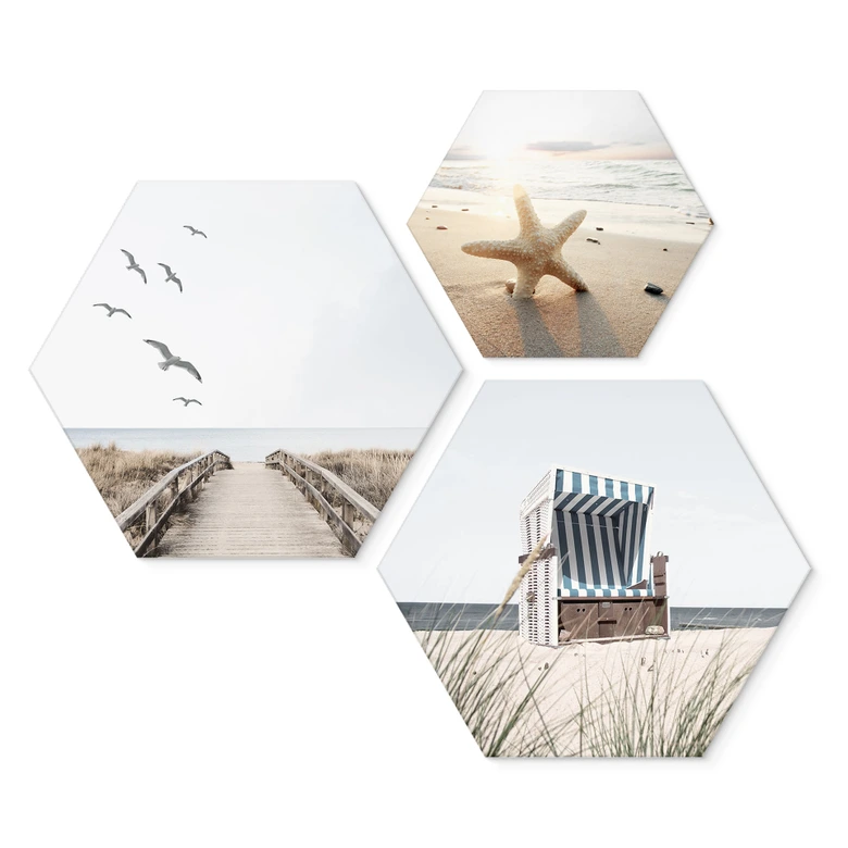 Hexagon Wandbild Strand und Meer Set (3-teilig) - Alu-Dibond 