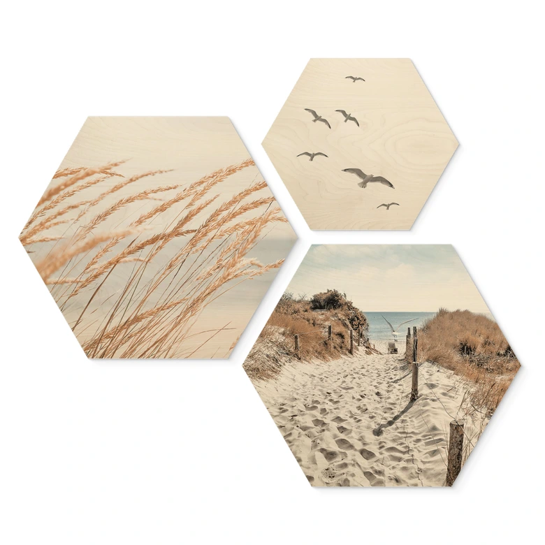 Hexagon Holzbild Stranddünen am Meer Set (3-teilig) 