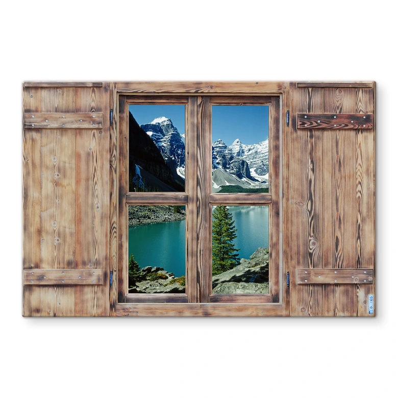 Spritzschutz 3D Holzfenster - Bergsee Idylle 