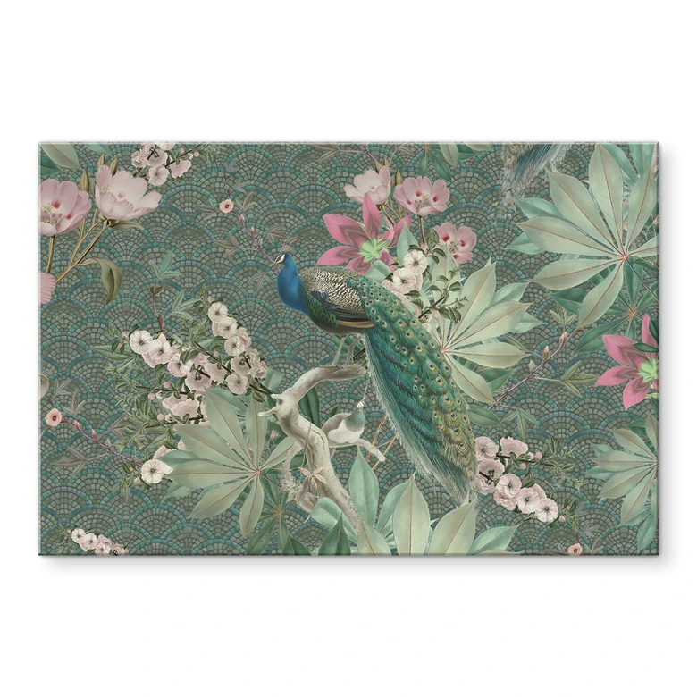 Spritzschutz Pfau im Tropengarten auf Mosaik - Bloomery Decor 