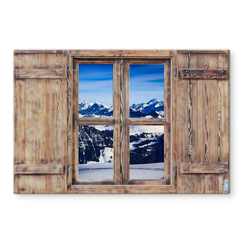 Spritzschutz 3D Holzfenster - Alpenpanorama 