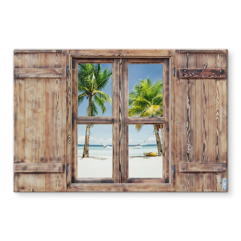 Spritzschutz 3D Holzfenster - Hammock in Paradise 