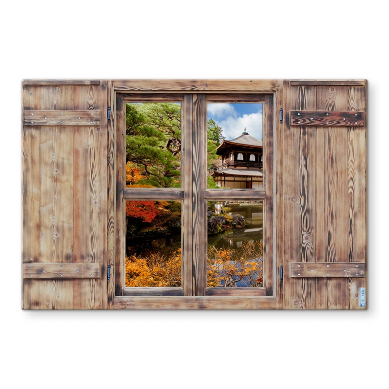 Spritzschutz 3D Holzfenster - Japanischer Tempel 