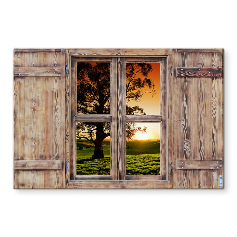 Spritzschutz 3D Holzfenster - Sonnenuntergang über den Hügeln 
