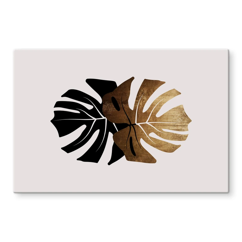 Spritzschutz Kubistika - Schwarz-goldene Monstera Blätter 