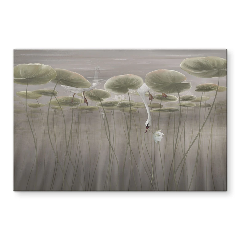 Spritzschutz Lotusblumen mit Schwan im Wasser in Grau - Ms Tiff 