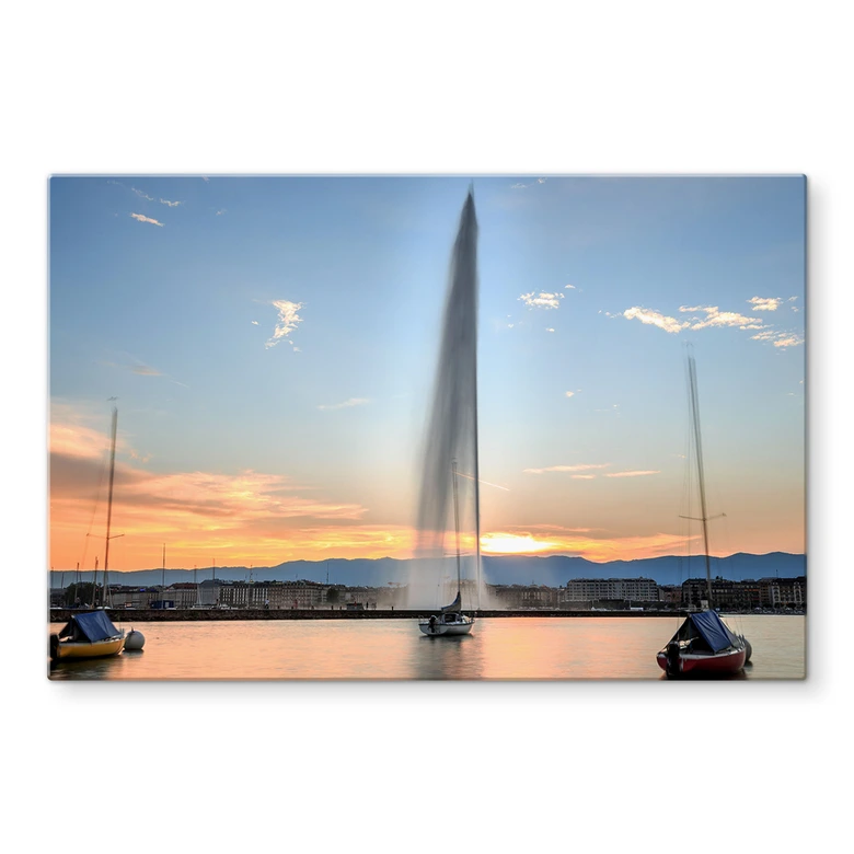 Spritzschutz Wasserfontäne im Genfer Sonnenuntergang 
