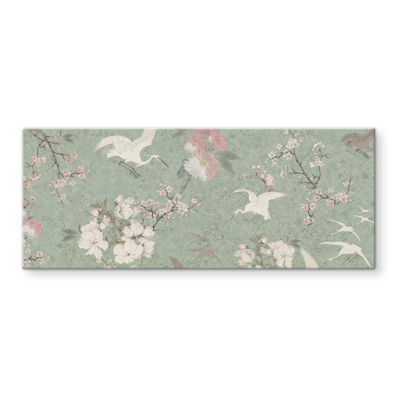 Spritzschutz Kraniche im Kirschblüten-Rausch Grün - Bloomery Decor - Panorama 