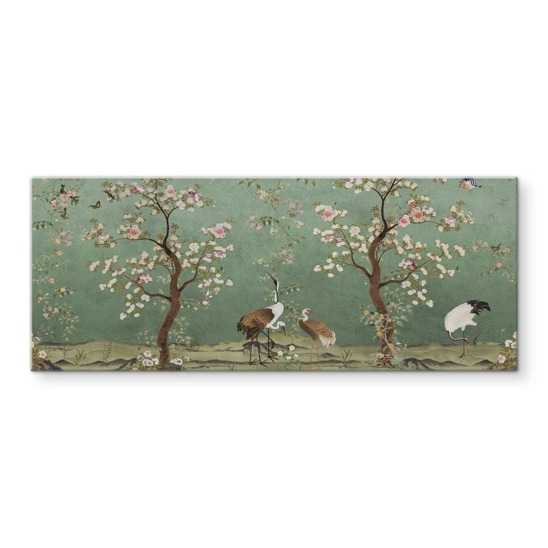 Spritzschutz Kraniche in floraler Landschaft - Bloomery Decor - Panorama 