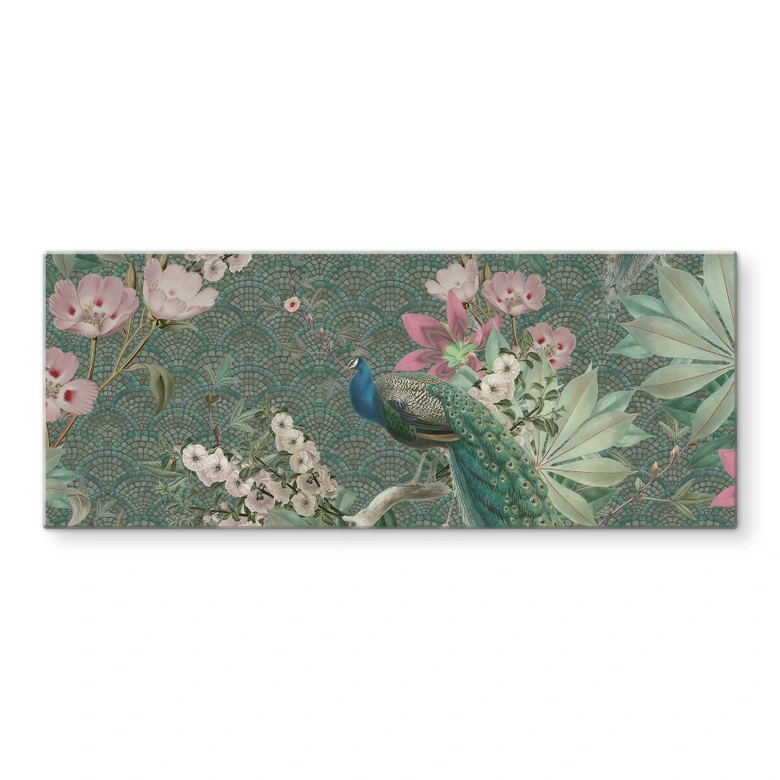 Spritzschutz Pfau im Tropengarten auf Mosaik - Bloomery Decor - Panorama 