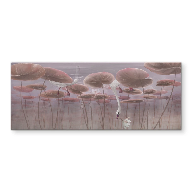 Spritzschutz Lotusblumen mit Schwan im Wasser in Altrosa - Ms Tiff - Panorama 