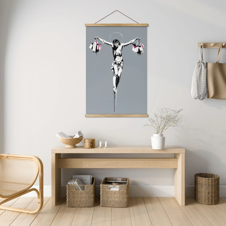 Stoffbild Banksy - Jesus Christus mit Einkaufstüten 