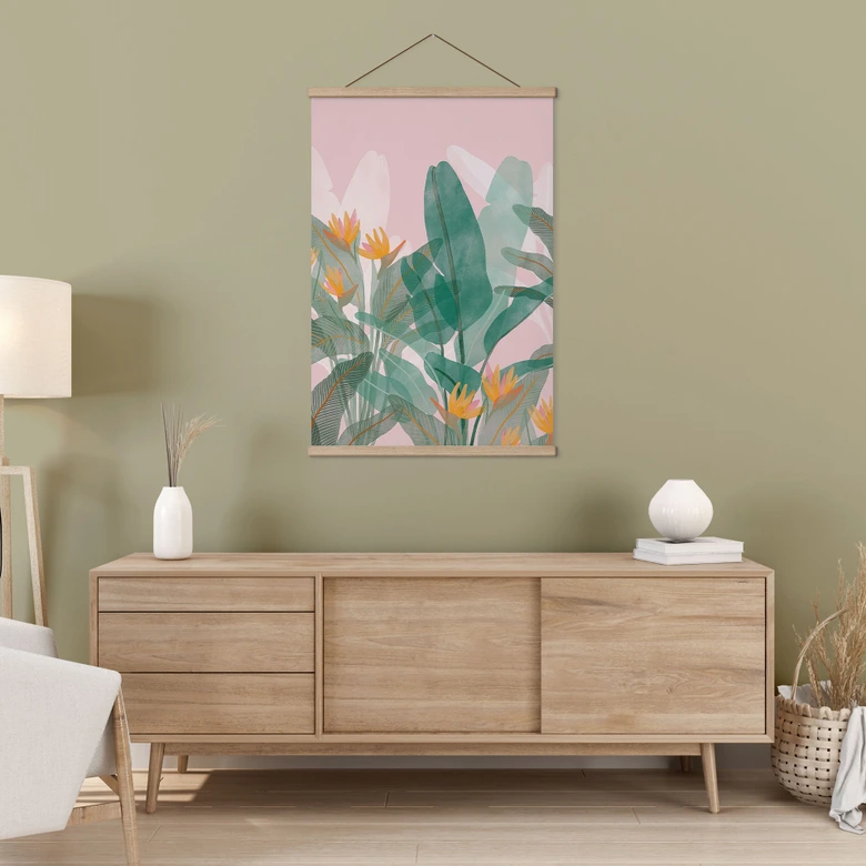 Stoffbild Botanische Illustration in Grün und Rosa - Goed Blauw 