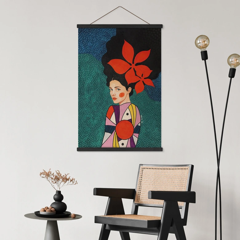 Textile poster woman with red flowers and patterned dress - Hülya 