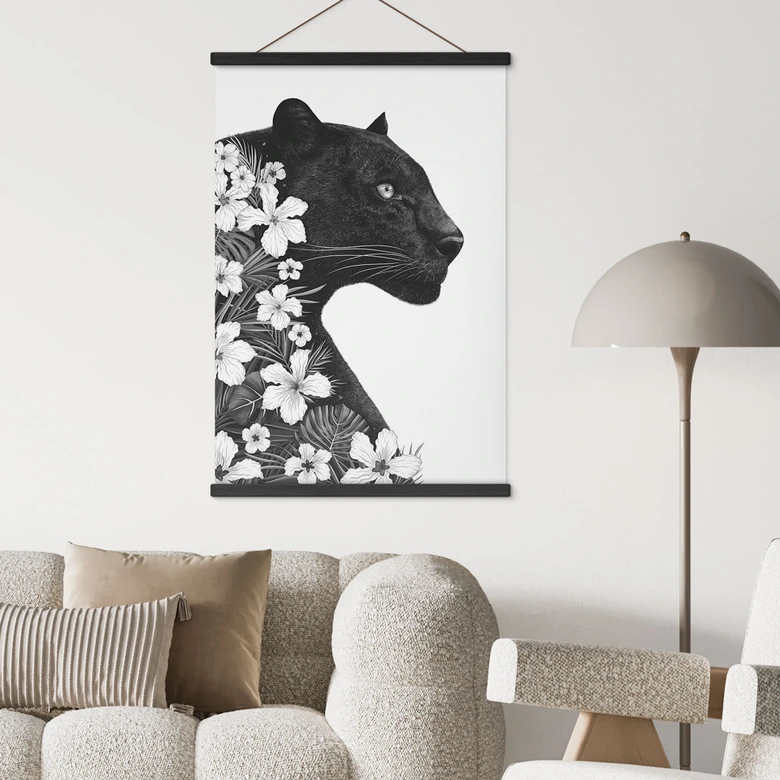 Póster de tela Pantera negra con flores blancas - Korenkova 