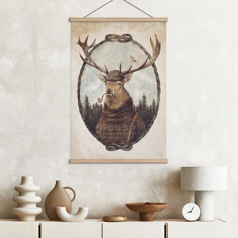 Stoffbild Vintage Hirsch mit Pfeife - Koubou 