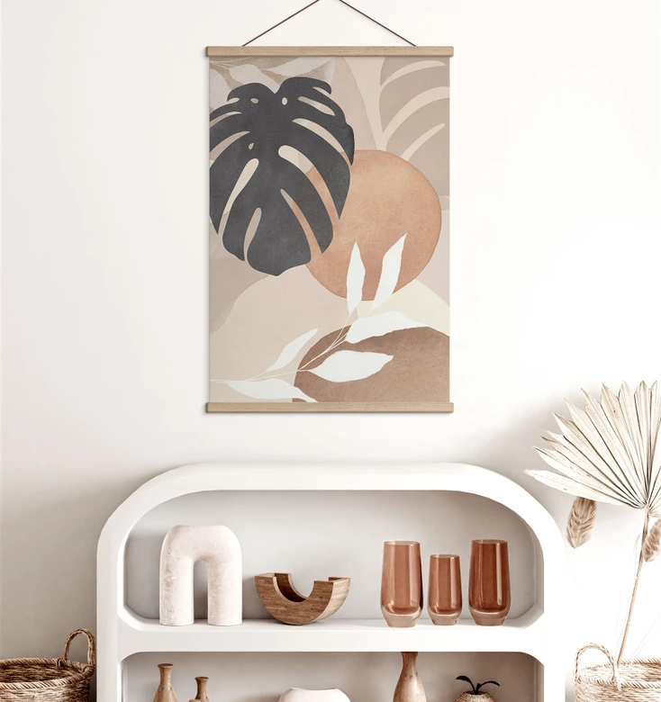 Stoffbild Boho Monstera Pflanze in Naturtönen - Melloi Art Prints 