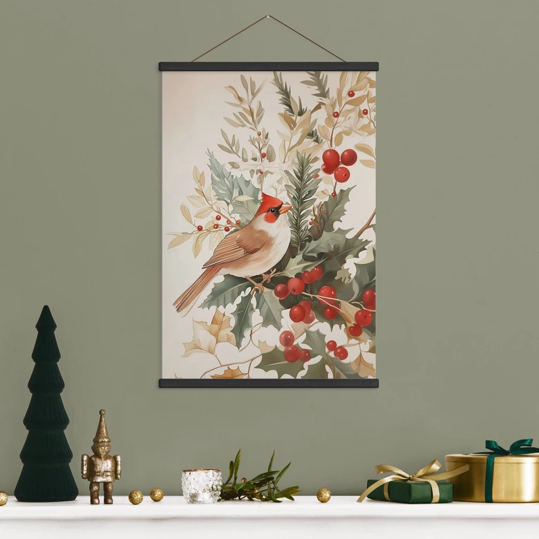 Stoffbild Winter - Kardinalsvogel mit Beerenzweig - Melloi Art Prints 