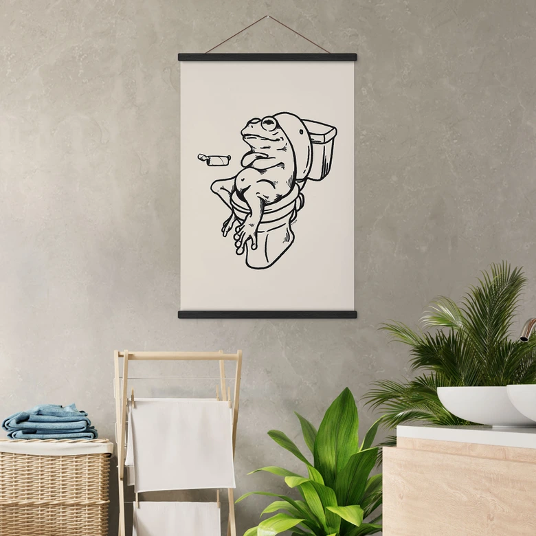 Affiche textile Attendre aux toilettes - Illustration humoristique de grenouille - Royle 