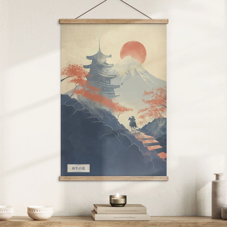 Stoffbild Sonnenaufgang über der Pagode | Japan Landschaft Illustration - Roze 