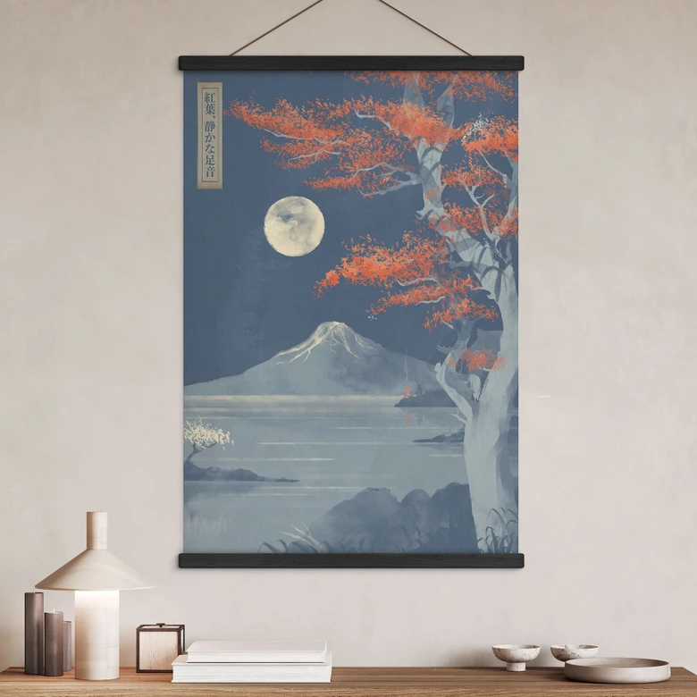 Stoffbild Vollmond über dem Gipfel des Fuji-san | Japan Landschaft - Roze 