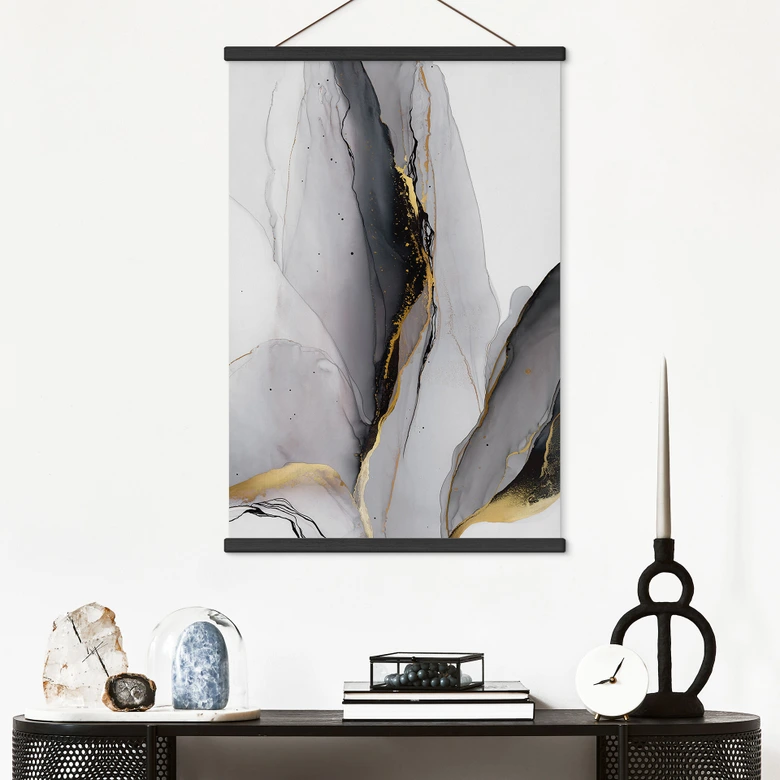 Textielposter Abstracte compositie in goud en grijs - Shelest 