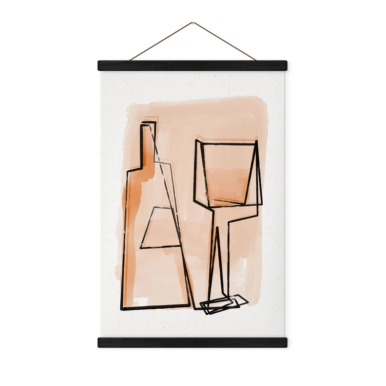 Póster de tela Naturaleza muerta abstracta: Botella y copa de vino - Treechild 