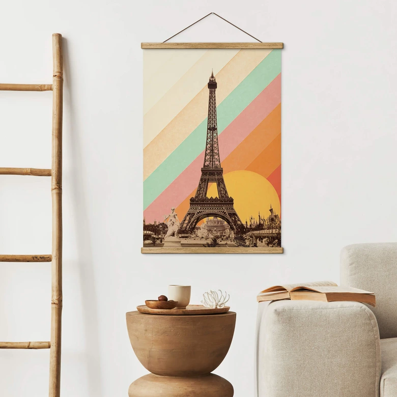 Affiche textile Bodart - Tour Eiffel rétro avec arc-en-ciel 