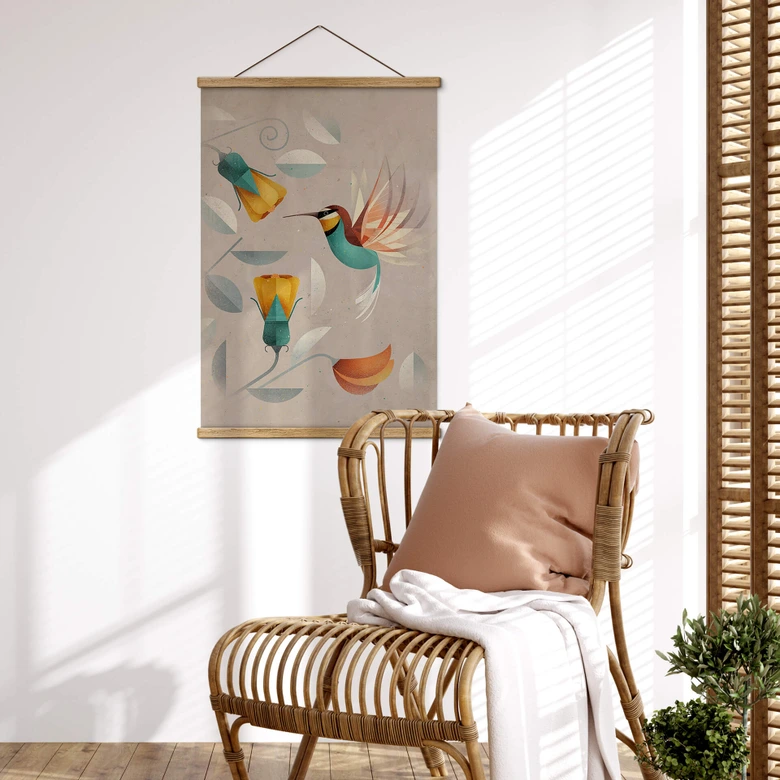 Affiche textile avec motif d'oiseaux - Colibri - Marron 