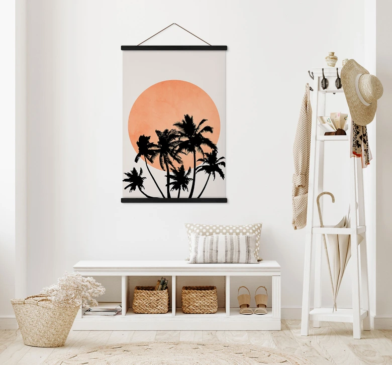 Obraz tkaniny palmy na tle pomarańczowego słońca - Kubistika 