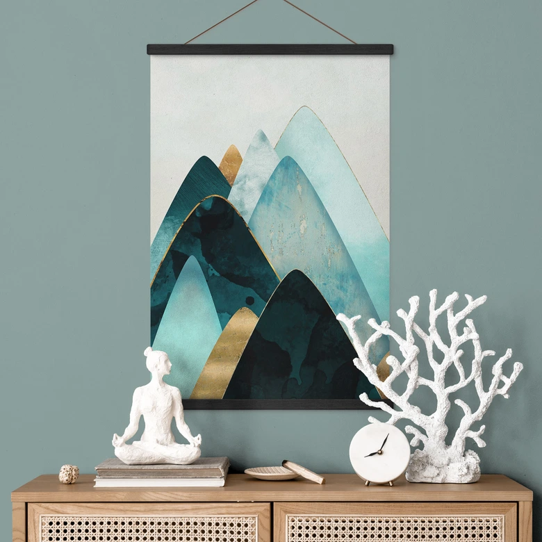 Stoffbild Abstrakte Berge in Gold und Blau - SpaceFrog Designs 