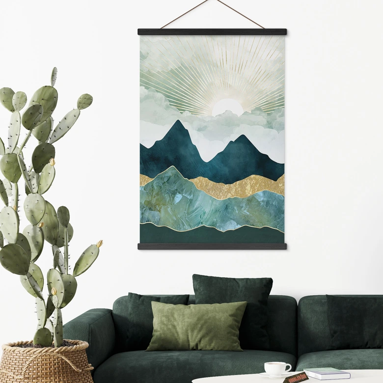 Stoffbild Sonnige Landschaft in Blau und Gold - SpaceFrog Designs 