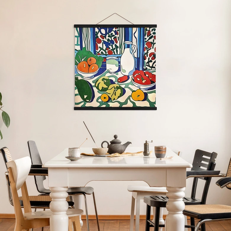 Stoffbild Obst und Gemüse auf dem Küchentisch - Inspiriert von Matisse - Zamart 