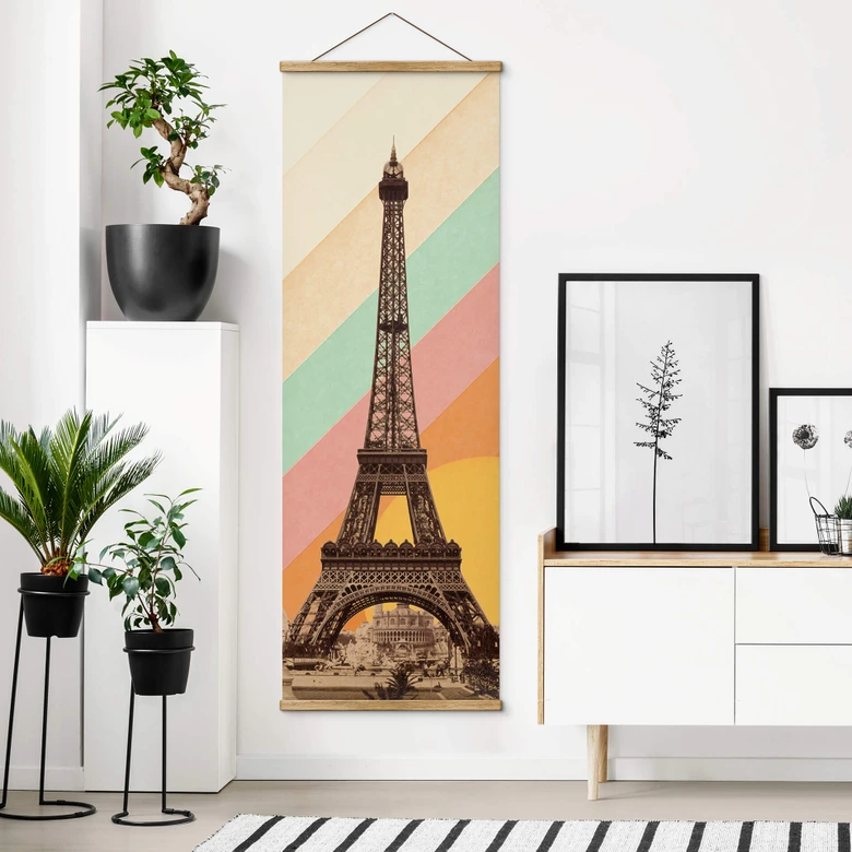 Textile poster Bodart - Retro Eiffel Tower with Rainbow 