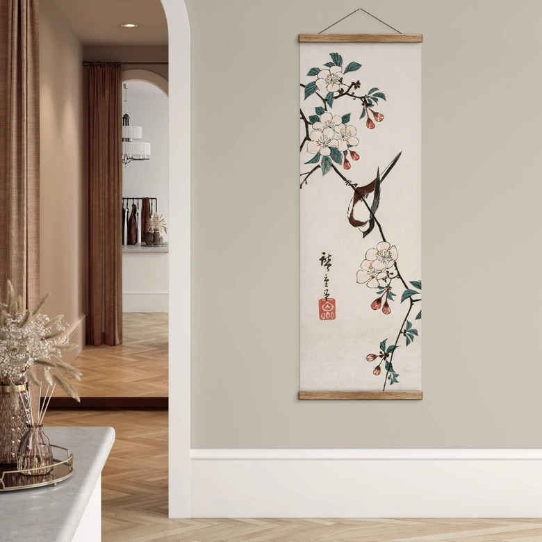 Obraz tkaniny Hiroshige - Mały ptak na gałęzi wiśni - Panorama 