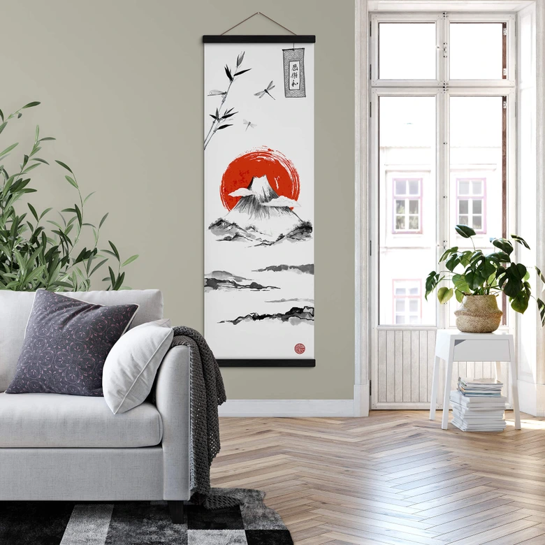 Textile poster Japanese landscape - black ink - panorama 
