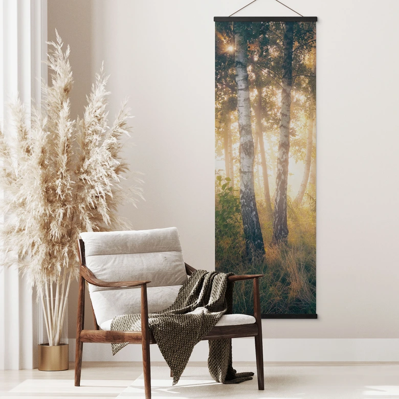 Textielposter Zonneschijn in een berkenbos - Kado - Panorama 