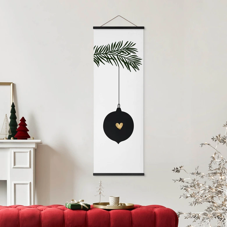 Świąteczny obraz z tkaniny - bombka na gałązce jodły panorama - Kubistika 