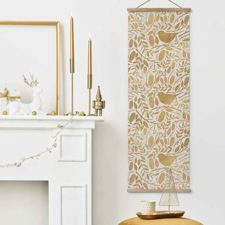 Stoffbild Weihnachten - Spatzen und Zweige in Gold - Panorama 