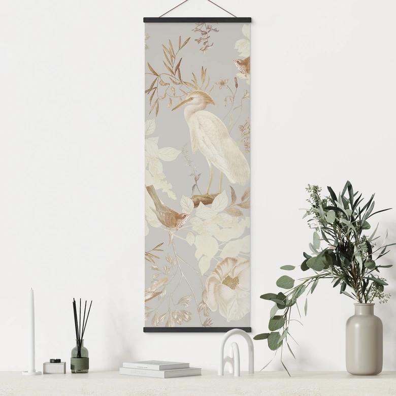 Obraz tkaniny Ptaki wśród białych kwiatów - UN Designs - Panorama 