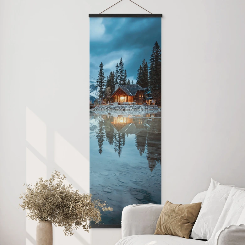 Textil poster Bergsidyll vid kvällssjön - Bing Li - Panorama 