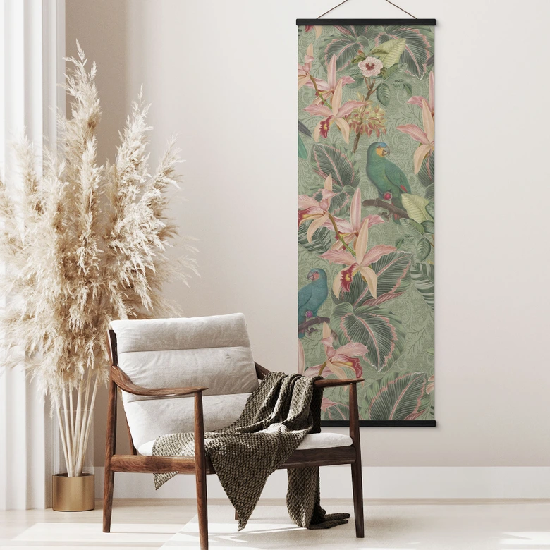 Stoffbild Dschungel mit Papageien Grün - Bloomery Decor - Panorama 