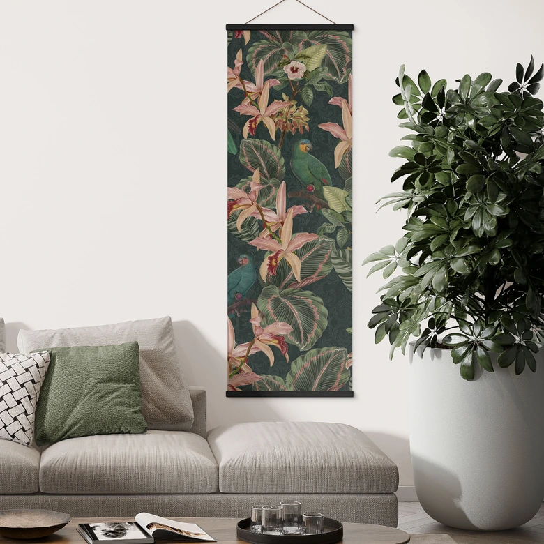 Djungel Textil poster med papegojor nattgrön - Blomstersmycke Dekor - Panorama 